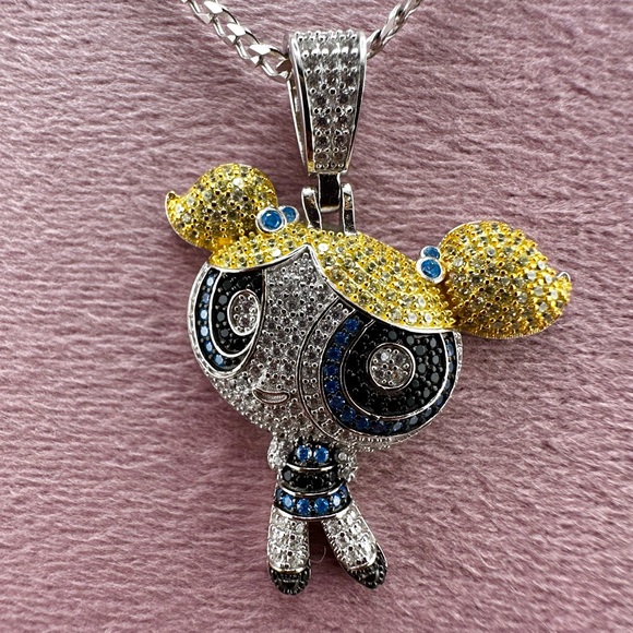 Iced Out 925 Sterling Silver 3D PowerPuff Girls Bubbles Necklace - Picture 5 of 12